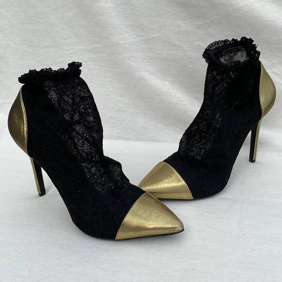Stella Luna Black Lace & Gold Pointed Toe Booties, Size 38 (US 8), Ankle Boots - Picture 3 of 13